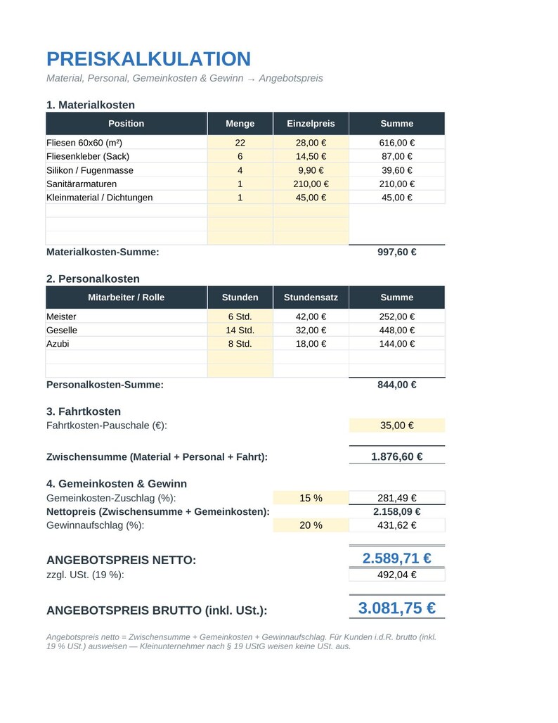 Handwerker-Preiskalkulation – Ansicht 3