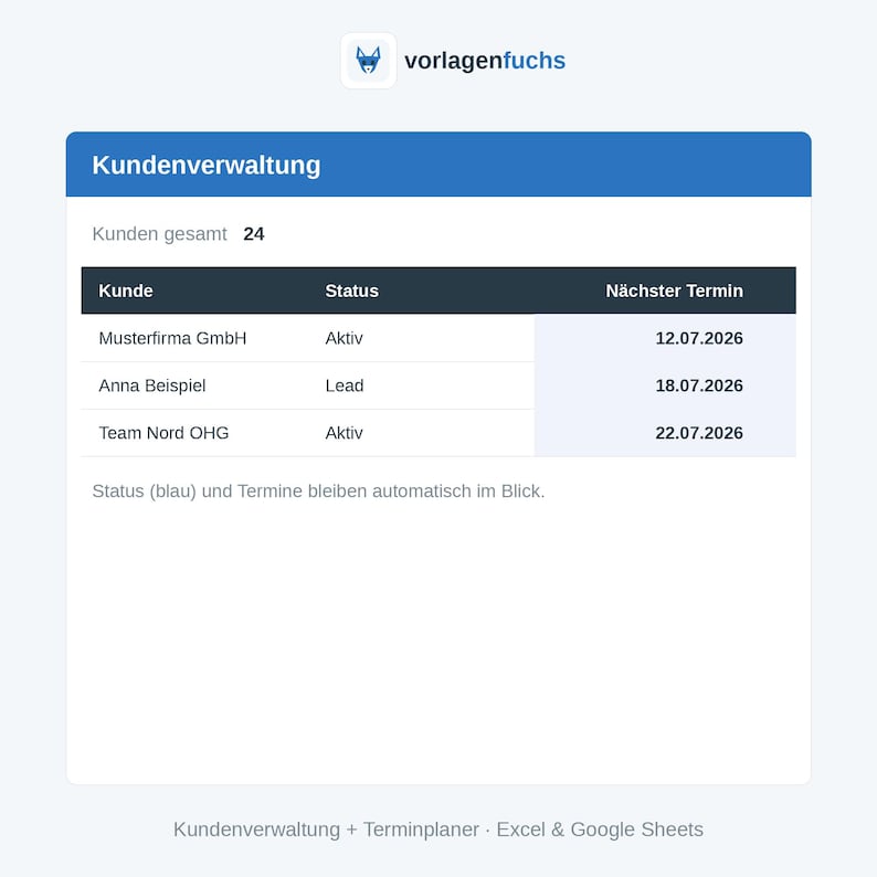 Kundenverwaltung & CRM in Excel – Ansicht 2