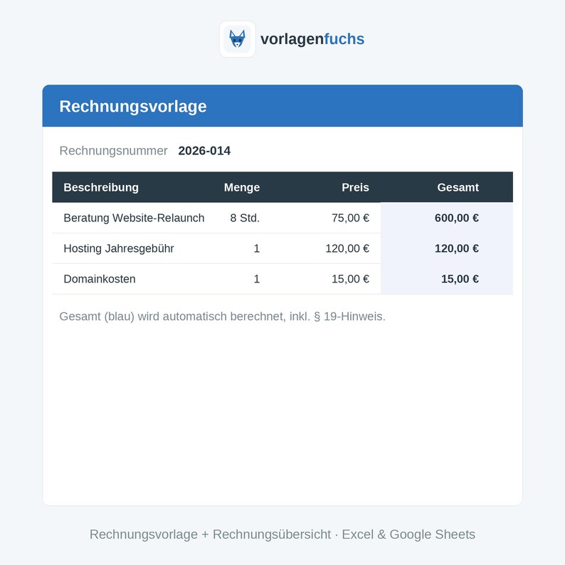 Rechnungsvorlage für Kleinunternehmer – Ansicht 2