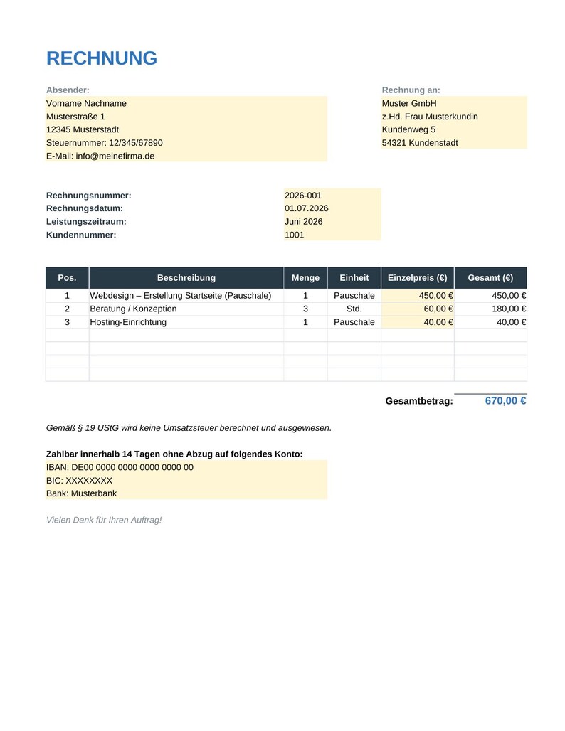 Rechnungsvorlage für Kleinunternehmer – Ansicht 3